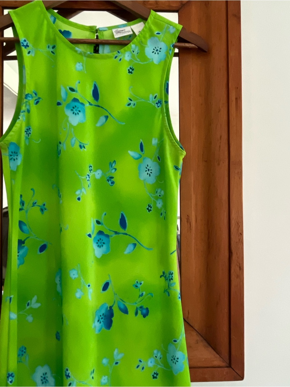 1990s Vintage Sleeveless Lime Green/Sky Blue Floral Maxi Dress